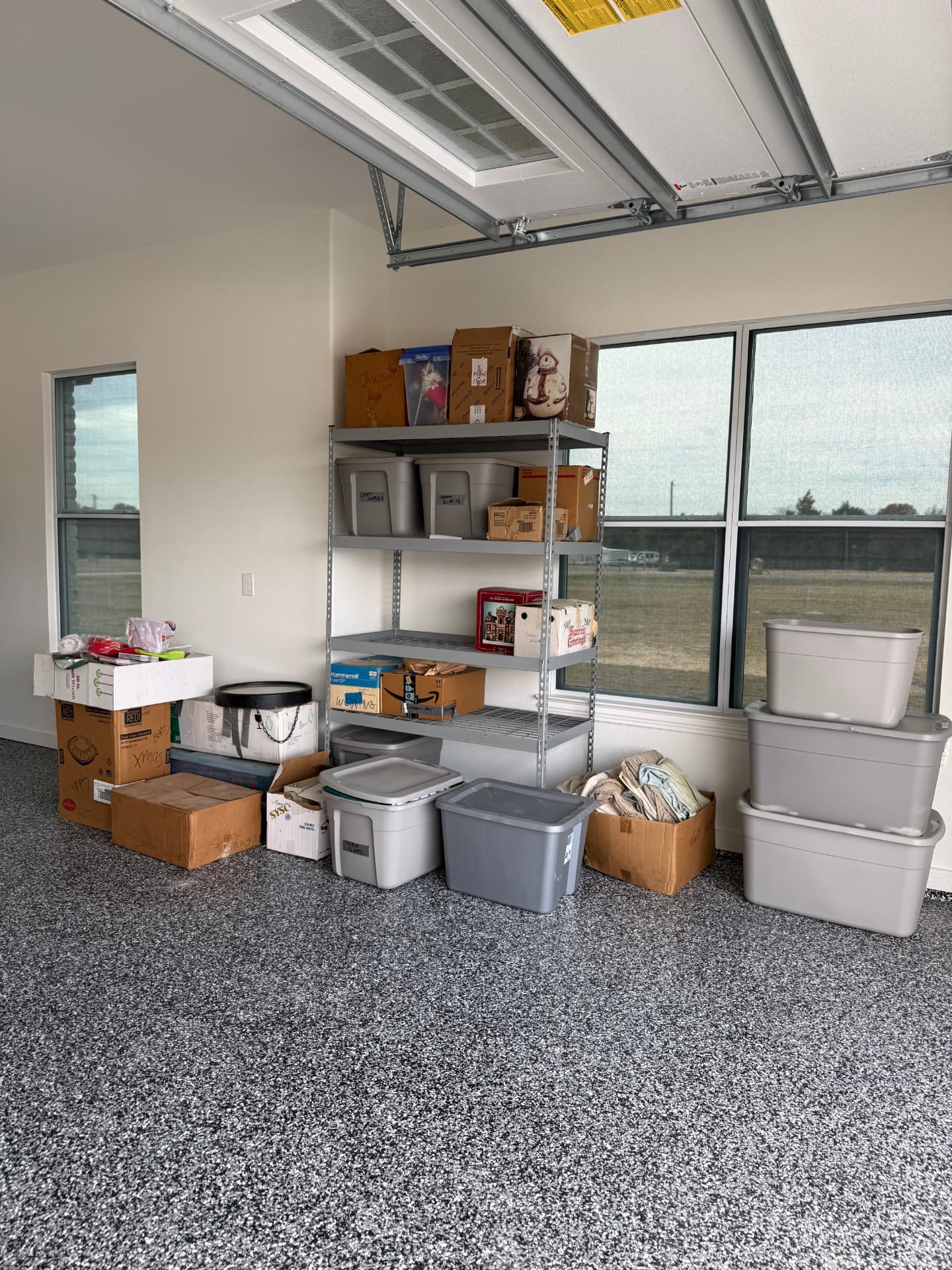Garage interior with Optex solar screens filtering afternoon light